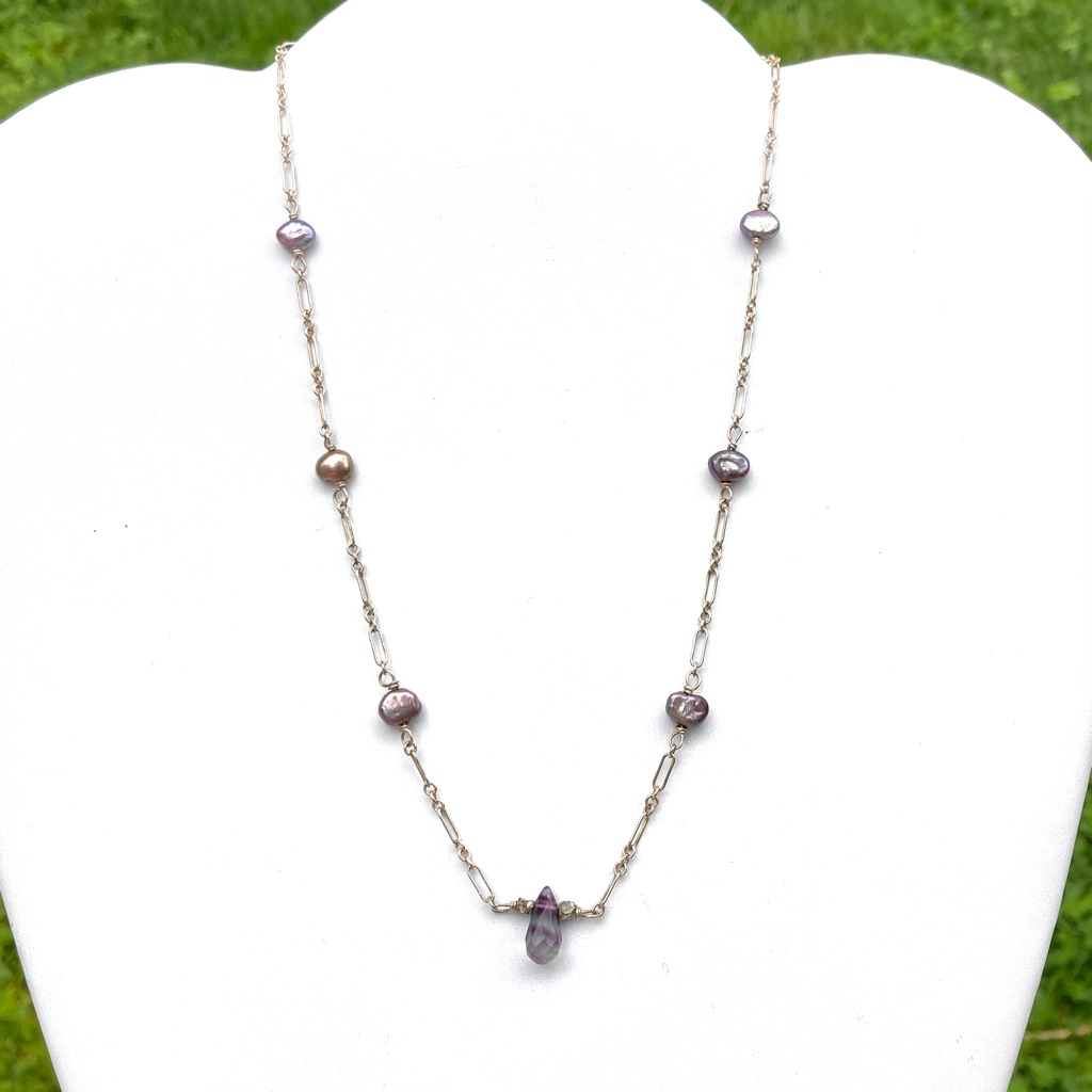 Purple Fluorite & Genuine 6 Pearl Station Sterling 925 Necklace 17